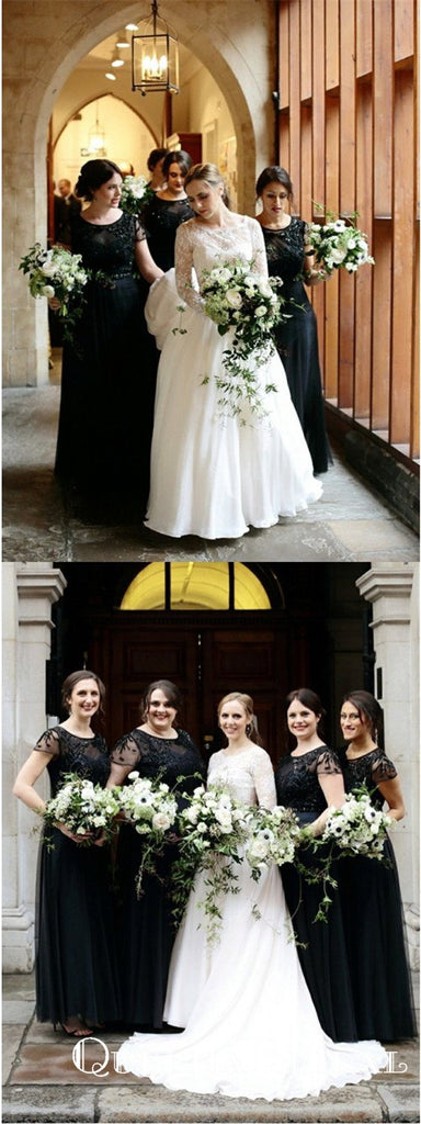 Black Round Neck Cap Sleeve Long Cheap Bridesmaid Dresses With Beaded, QB0623