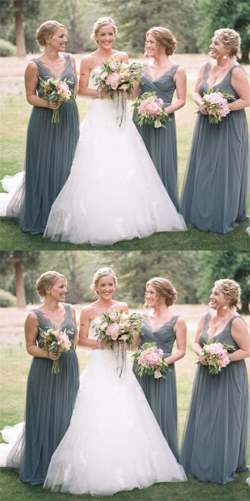 Sexy V-Neck Long Cheap Grey Tulle Bridesmaid Dresses with Lace Applique, QB0125