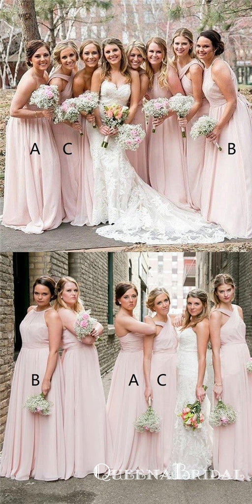 A-Line Mismatched Long Blush Pink Chiffon Bridesmaid Dresses, QB0625