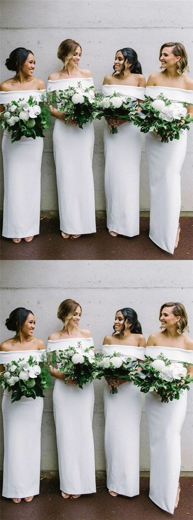 Tight Off-Shoulder Asymmetrical White Satin Bridesmaid Dresses Online, QB0210