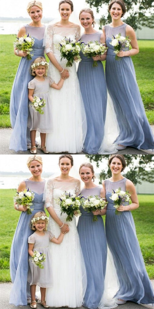 Light Blue Round Neck Chiffon Long Cheap Bridesmaid Dresses Online, QB0111