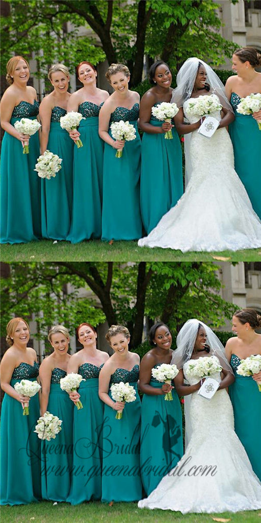 A-Line Sweetheart Long Turquoise Bridesmaid Dresses with Beading, QB0489