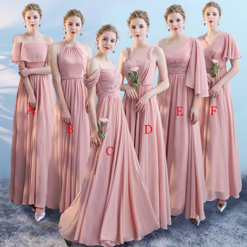 Mismatched Long Cheap Chiffon Birdesmaid Dresses, Cute Pink Chiffon Bridesmaid Dresses, BDS0011