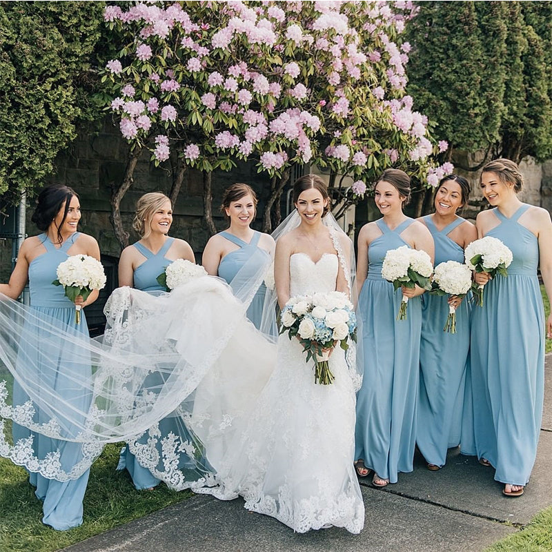 Charming Halter Blue Chiffon Floor Length Cheap Bridesmaid Dresses, BDS0113