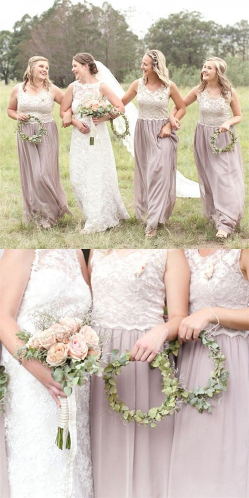 A-Line Round Neck Long Lilac Chiffon Cheap Bridesmaid Dresses with Lace, QB0017