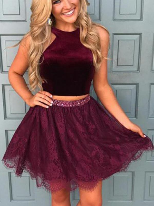 Halter Two Piece Red Lace Cheap Homecoming Dresses 2020, CM413