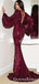 Sexy Deep V-neck Sparkly Burgundy Sequin Long Sleeves Long Cheap Formal Evening Prom Dresses, QB0968