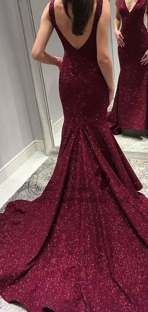 2019 Sexy Backless Maroon Sequin Mermaid Long Evening Prom Dresses, QB0433