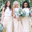 Two Piece Jewel Keyhole Back Light Champagne Tulle Bridesmaid Dresses with Lace, QB0809
