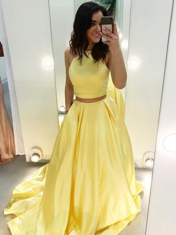 Cheap Two Piece Yellow Satin Formal Halter Long Simple Prom Dresses, QB0287