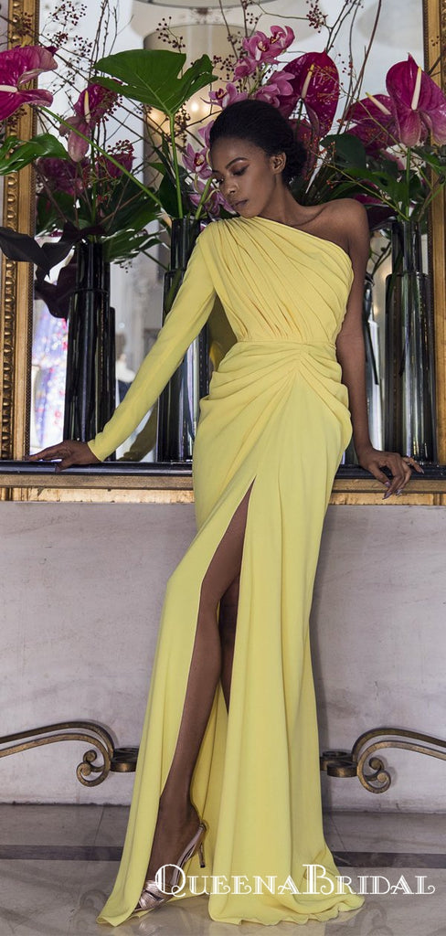 Newest Simple Charming One Shoulder Long Sleeves Yellow Chiffon Long Cheap Side Slit Prom Dresses, QB0926