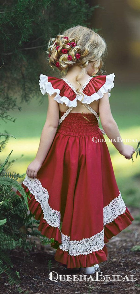Cute Square Neck Red Satin High-low Long Cheap Flower Girl Dresses, FGS0006