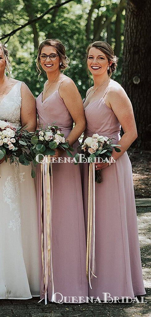 Simple Spaghetti Straps Dusty Pink Chiffon A-line Long Cheap Bridesmaid Dresses Online, BDS0078