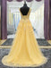 A Line V Neck Modest Cheap Long Yellow Prom Dresses With Applique, QB0691