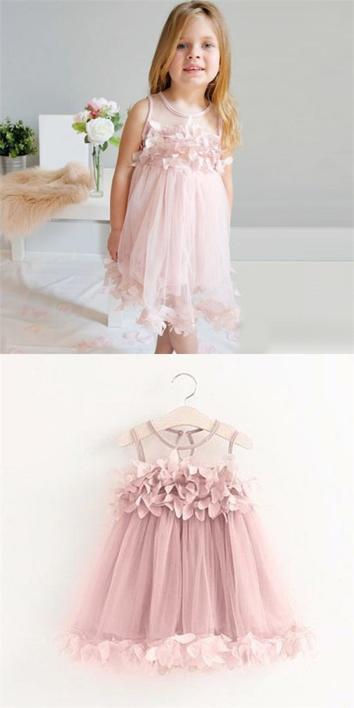 Cute Round Neck Pink Tulle Cheap Flower Girl Dresses with Appliques, QB0093