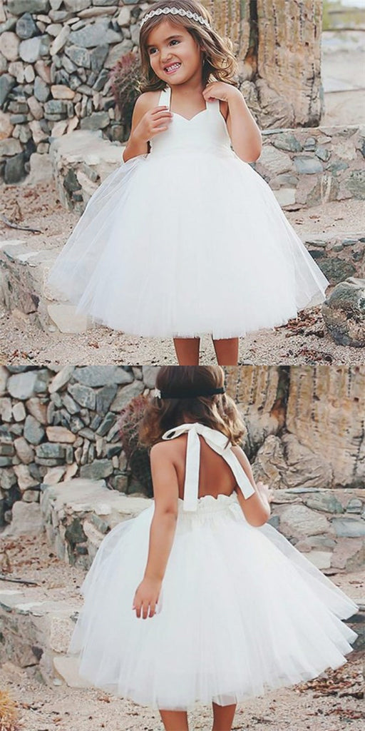 Lovely Ball Gown Halter Backless White Long Cheap Tulle Flower Girl Dresses, QB0094