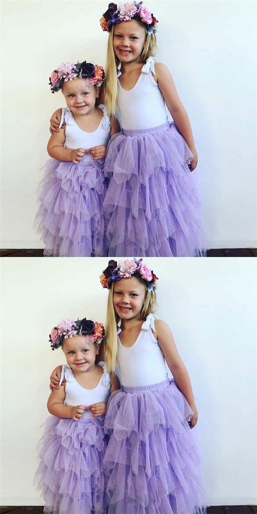 Lovely Round Neck Lilac Tulle Cheap Flower Girl Dresses with Ruffles, QB0087