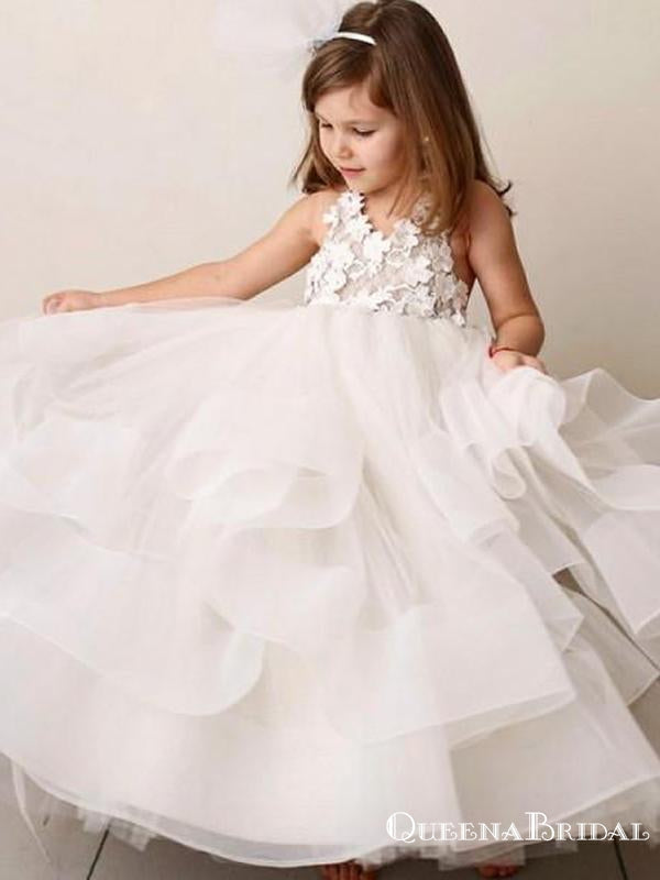 A-Line Round Neck Tiered White Organza Flower Girl Dresses with Lace Applique, QB0076