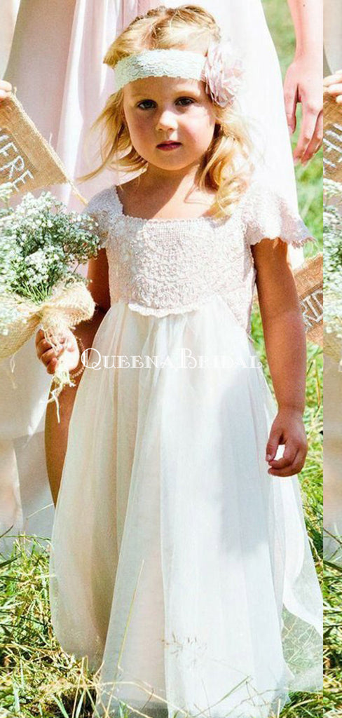 Cute Round Neck Short Sleeves White Long Cheap Flower Girl Dresses with Bow Knot, QB0106