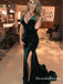 Mermaid V Neck Open Back Dark Green Velvet Long Prom Dresses, QB0589