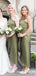 One Shoulder Green Elastic Silk Tea-Length Long Cheap Charming Bridesmaid Dresses, BDS0046