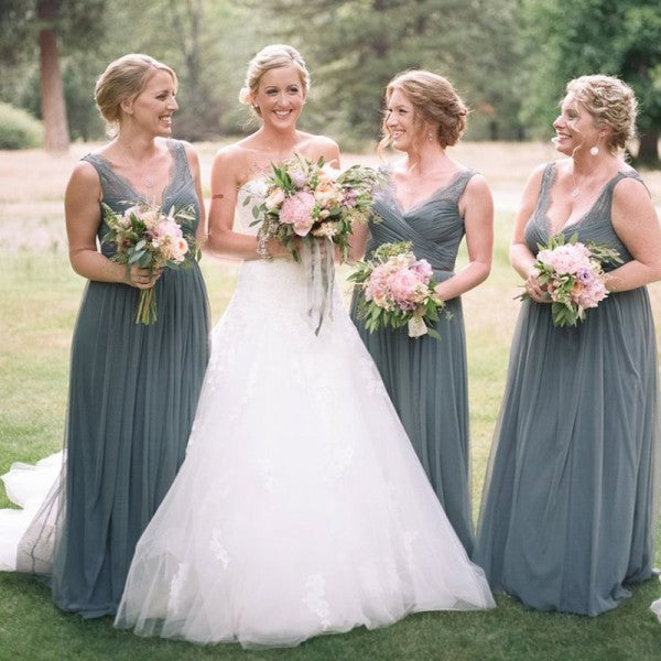 Sexy V-Neck Long Cheap Grey Tulle Bridesmaid Dresses with Lace Applique, QB0125