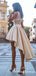 High Low V-neck Cheap Champagne Homecoming Dresses With Appliques, QB0893