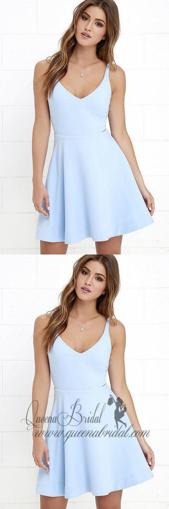 V Neck Light Blue Cheap 2018 Homecoming Dresses Under 100, CM403