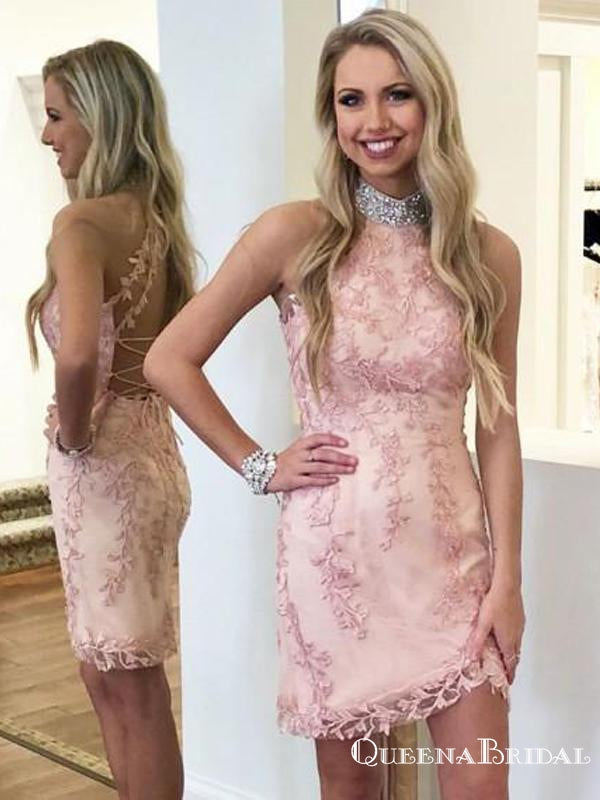 Elegant Halter Pink Lace Mermaid Short Cheap Party Homecoming Dresses, HDS0011