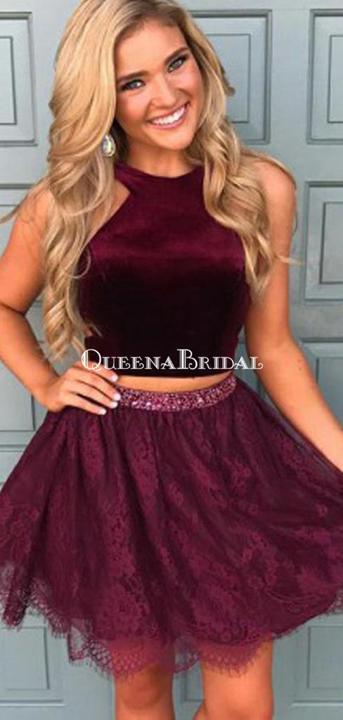 Halter Two Piece Red Lace Cheap Homecoming Dresses 2020, CM413
