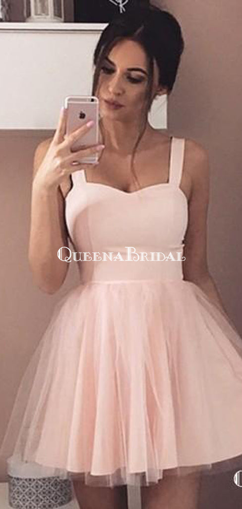 Simple A-Line Straps Short Cheap Pink Tulle Homecoming Dresses, QB0063