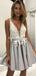 Sexy Deep V-Neck Gray Short Cheap Homecoming Dresses with Appliques, QB0046