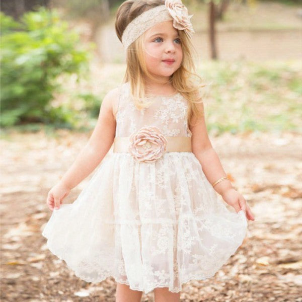 Cute A-Line Round Neck Ivory Lace Flower Girl Dresses with Handmade Flower And Bow, QB0103