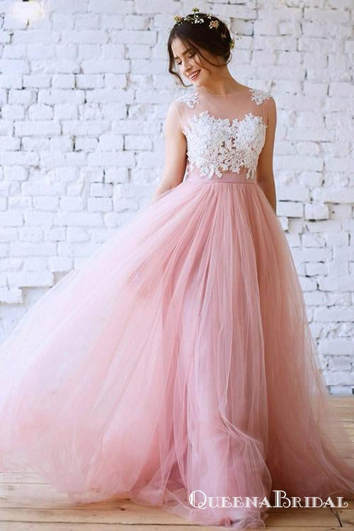 Unique A-Line Jewel Pink Tulle White Lace Long Cheap Wedding Dresses, QB0816