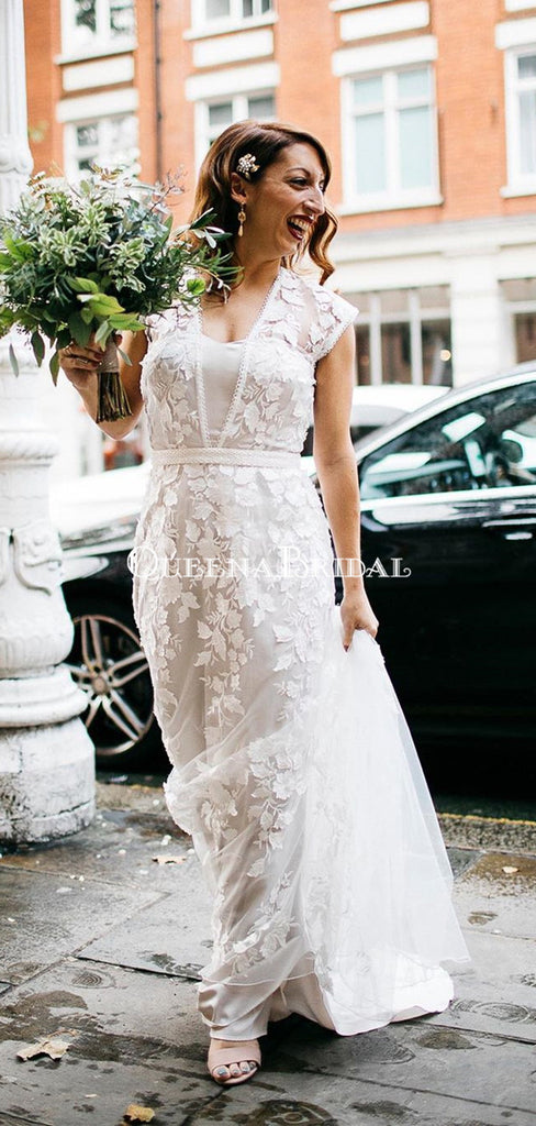 Cap Sleeve V-neck Lace Appliqued Long Cheap Wedding Dresses, WDS0060