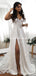 V-neck Lace Side Slit A-line Long Cheap Beach Wedding Dresses, WDS0044