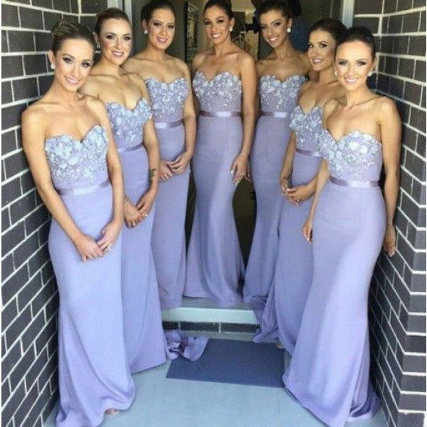 Elegant Mermaid Sweetheart Lavender Satin Bridesmaid Dresses with Appliques, QB0141