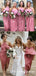 Pink Halter Sleeveless High Low Satin Bridesmaid Dresses With Ruched, QB0679