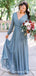 Simple V Neck Long Sleeve Backless A Line Chiffon Bridesmaid Dresses, QB0849