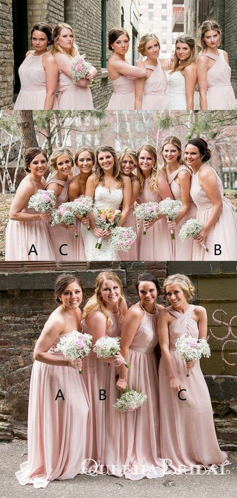 A-Line Mismatched Long Blush Pink Chiffon Bridesmaid Dresses, QB0625