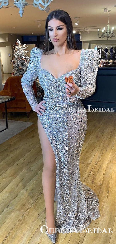 Sexy New Arrival Sweetheart Long Sleeves Silver Sequin High Side Slit Long Cheap Prom Dresses, PDS0003