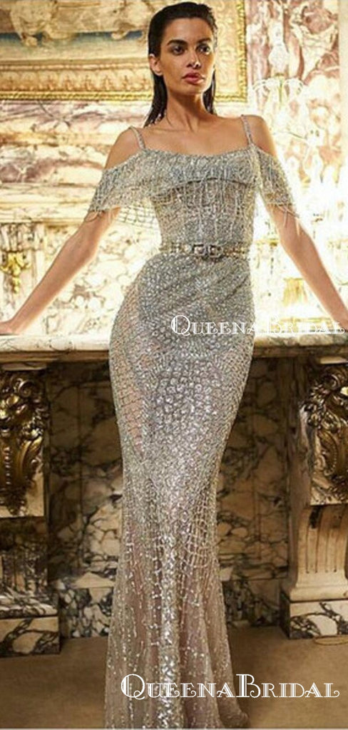 Off-The-Shoulder Spaghetti Strap Sleeveless Sparkly Silver Sequin Mermaid Long Cheap Prom Dresses, PDS0009
