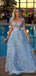 Fancy Newest Light Blue Spaghetti Strap Long Cheap Lace Prom Dresses, QB0799
