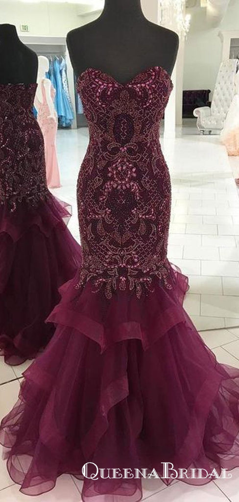 Purple Sweetheart Sleeveless Long Mermaid Prom Dresses With Beaded, QB0758