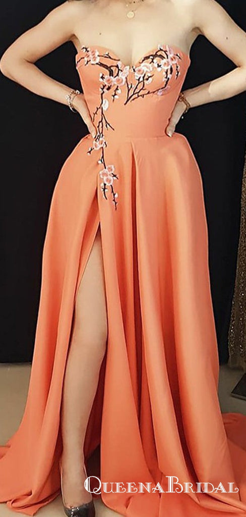 A-Line Sweetheart Long Orange Satin Prom Dresses with Appliques Split, QB0511