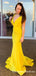Elegant Mermaid V-Back Ruched Long Cheap Yellow Prom Dresses, QB0765