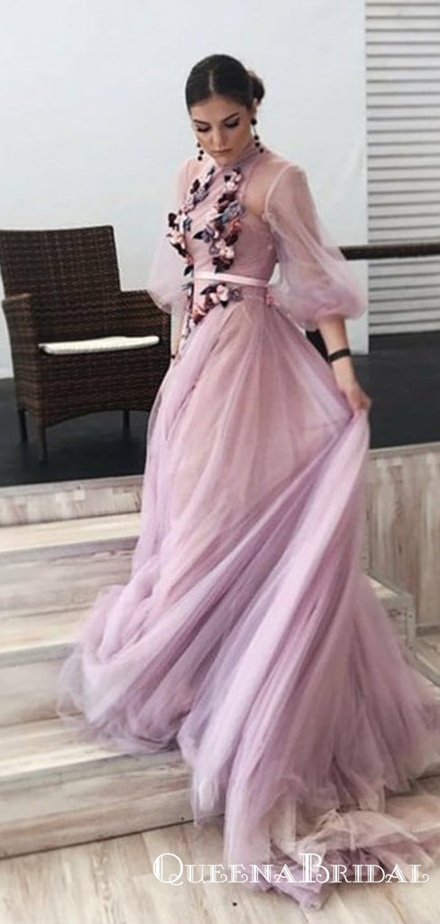 A-Line High Neck 3/4 Sleeves Lilac Long Cheap Prom Dresses with Flowers, QB0795