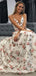 A Line V Neck Spaghetti Straps Flower Lace Long Prom Dresses, QB0586