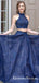 Two Piece Halter Neck Sleeveless Blue Long Prom Dresses with Lace, QB0732