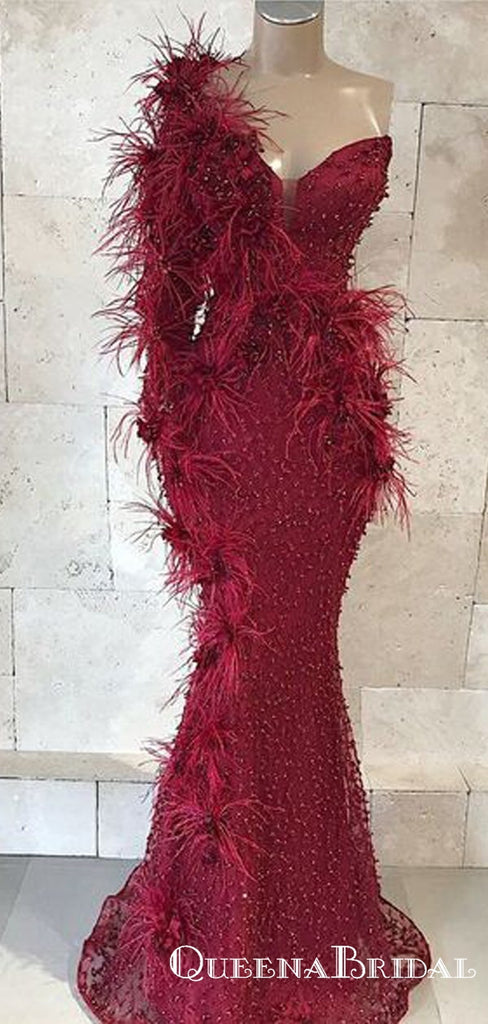 Newest Burgundy One shoulder Long Sleeves Mermaid Tulle Heave Beaded Long Cheap Prom Dresses, QB0921